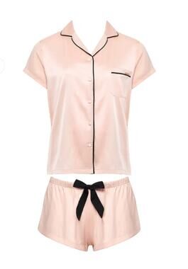 Bluebella Abigail Timeless Satin Shirt & Short Pajama Set Pale Pink/Black Large